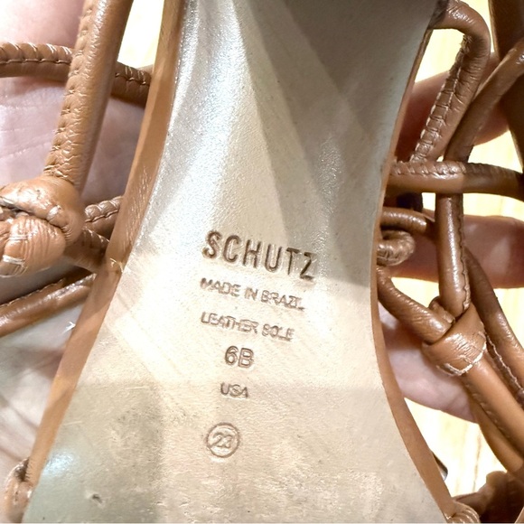 SCHUTZ Tan Brown Leather Kate Ankle Wrap Sandal Block Heel Tie Strap Size 6 - Picture 9 of 10